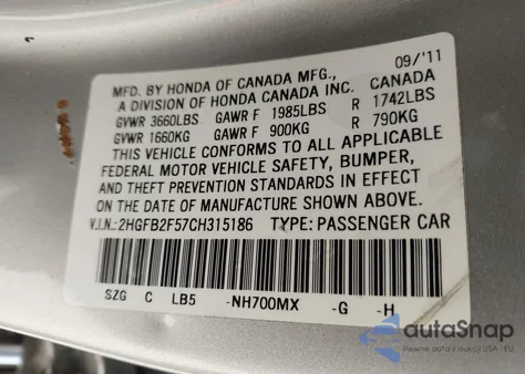 2012 Honda Civic Lx z USA, uszkodzony, nr VIN 2HGFB2F57CH315186